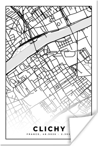Poster Kaart - Stadskaart - Clichy - Frankrijk - Plattegrond - Zwart wit - 120x180 cm XXL