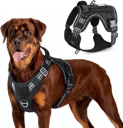 Famanu – Tactisch hondentuig no-pull met handvat en molle-paneel, reflecterend hondenharnas voor grote honden, zwart, maat L