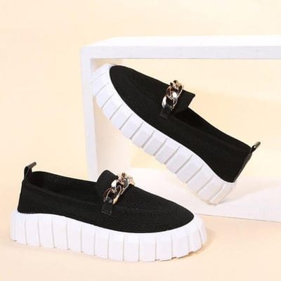 Dames Ketting Loafers Flats Voor Dames Ronde Neus Instapper Mesh Sneaker Casual Schoenen Stoffen Flats Ademend Comfortabel Lopen Schoenen 42 white