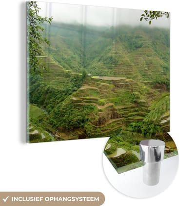 ® Glasschilderij 160x120 cm - Schilderij acrylglas - Mist tussen de Aziatische Rijstterrassen van Banaue - Foto op glas - Muurdecoratie woonkamer - Wanddecoratie slaapkamer - Schilderijen