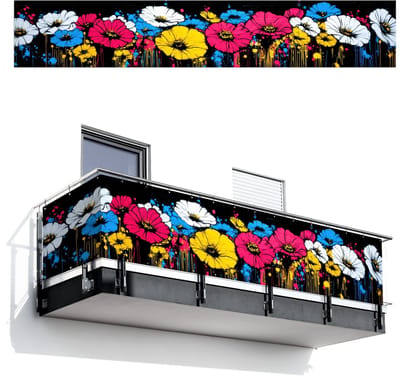 Balkonscherm 500x85 cm - Balkonposter Graffiti - Bloemen - Kleur - Balkon scherm decoratie - Balkonschermen - Balkondoek zonnescherm