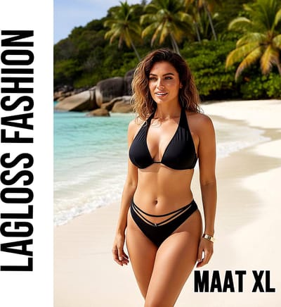LaGloss® 2-delig Zwarte Halter Bikini Set Dames met Strappy Broekje – V-Hals – Strandmode – Beach Fashion – Maat XL