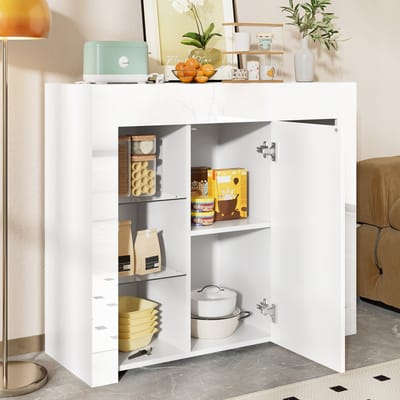 MODENUIT Buffetkast - Hoogglans Front Met Glasplanken - Voor Woonkamer Of Keuken - Spaanplaat - 95x35x83 cm - Wit