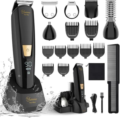 Hatteker 5-in-1 Baardtrimmer Set voor Mannen – Lichaamstrimmer, Tondeuse, Neustrimmer en Scheerapparaat – Dubbel Oplaadstation, Twee Oplaadmethoden, Waterdicht