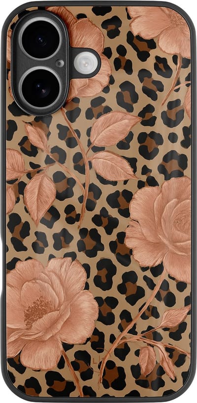 Hoesje geschikt voor iPhone 17 - Leo flowers - Luxe Glazen Hardcase - Hippe print - Groen - Leuke Telefoonhoesjes