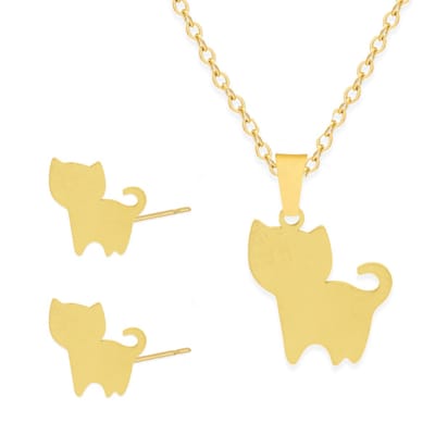 Cadeau Ketting & Oorbellen set met Kat / Poes - Roestvrij Staal - Goudkleurig - Cadeau Sieraad op Kaartje - Pax Amare