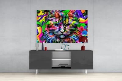 Glasschilderij - Pop Art - Kleurrijke Kattenkop - Wanddecoratie - 72x46 cm