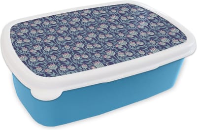 Broodtrommel Blauw - Lunchbox - Brooddoos - Bloemen - Patroon - Natuur - 18x12x6 cm - Kinderen - Jongen