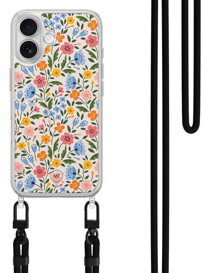 Hoesje met koord geschikt voor iPhone 16 - Romantische bloemen - Inclusief zwart koord - Crossbody beschermhoes - Transparant, Multi - Mooie Telefoonhoesjes