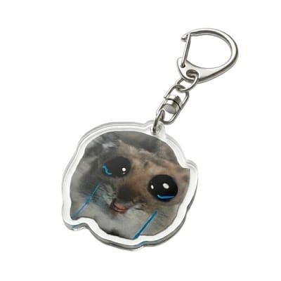 Grijze transparante hamster sleutelhanger acryl sleutelhanger dames en heren met huilende hamster illustratie en blauwe tranen, metalen karabijnhaak, decoratieve keychain voor sleutels en tas