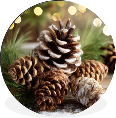 WallCircle - Wandcirkel - Muurcirkel - Dennenappels - Kerstsfeer - Bruin - Groen - Aluminium - Dibond - 30x30 cm - Binnen en Buiten