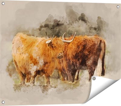 Gards Tuinposter Twee Schotse Hooglander Koeien - Abstract - 80x60 cm - Tuindoek - Tuindecoratie - Wanddecoratie buiten - Tuinschilderij