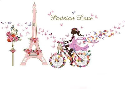 MUURSTICKER  - PARIJS - WANDDECORATIE - KINDERKAMER - BABYKAMER - MEISJE OP FIETS - nr 340