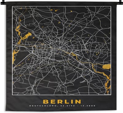 Wandkleed - Wanddoek - Berlijn - Duitsland - Plattegrond - Kaart - Stadskaart - Goud - 180x180 cm - Wandtapijt