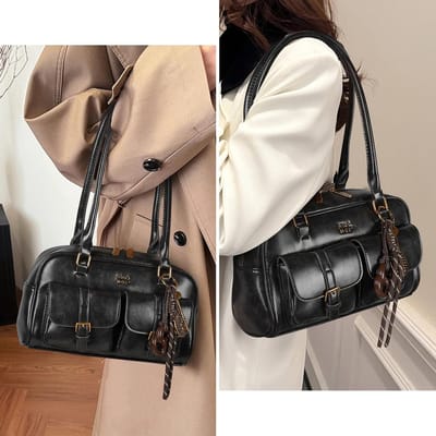 Vintage Schoudertas voor Dames, Kleine Multi-Pocket Handtas met Strik, Ideaal voor Reizen en Werk