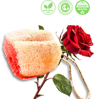 De Vitamineshop - Zeep - Natuurlijke Rozen Zeep Blok met Luffa en Koord – 100% Natuurlijke & Handgemaakte Loofah Scrubzeep - Handzeep - Douchezeep - Cadeau - 175 gr