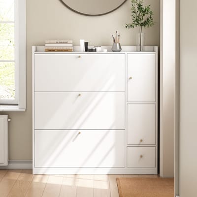 REDOM - Schoenenkast - 3 Kantelkleppen En Lade - Modern - Hal - Spaanplaat - Wit - 119 x 24 x 122 cm