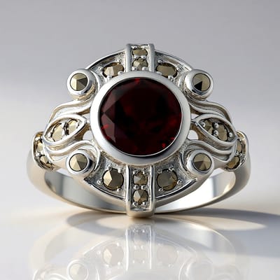Cavill - Zilveren Ring - 925 Sterling Zilver - 1,42 Ct Mozambique Granaat Rond - 22 Oostenrijkse Marcasieten Pavé - Vintage Elegant Feestelijk