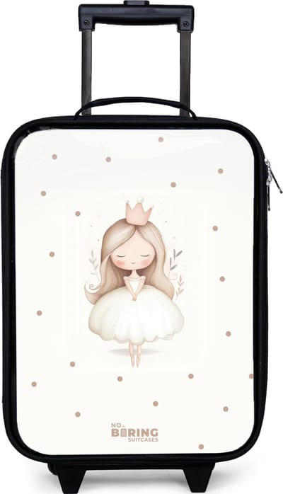 NoBoringSuitcases.com® - Kinderkoffer jongen - Kindertrolley meisje - Ballerina prinses tussen beige stippen - Koffer kind lichtgewicht - Reiskoffer trolley voor kinderen - Koffertje met lichtgevende wieltjes - Rolkoffer zwart