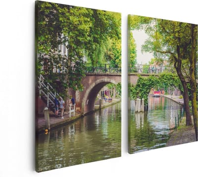 Artaza Canvas Schilderij Tweeluik Dichtbegroeide Brug Op De Oudegracht In Utrecht - 80x60 - Foto Op Canvas - Canvas Print