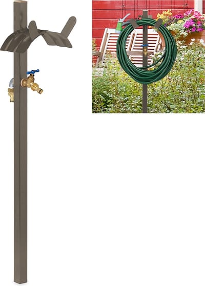 buitenkraan met tuinslanghouder - voor 45m tuinslang - met 2x 1/2" adapter - staal - 107,5 cm hoog - bruin