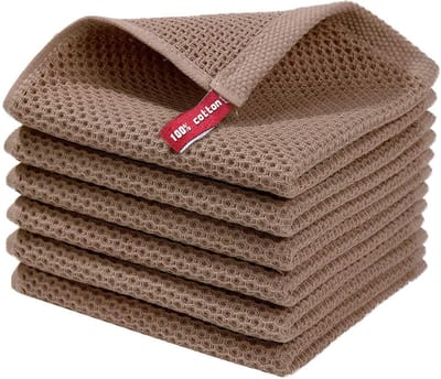 6x Katoenen Theedoeken Taupe/Bruin – Wafeldoek / Vaatdoek – Keukendoek 30x30 cm – Pluisvrij & Sneldrogend