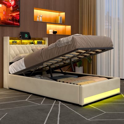 MODFU Polsterbed 140x200 cm – Fluweel beige – Ergonomisch met veerkrachtig schuim – Met LED & USB – Incl. lattenbodem – Slaapkamer