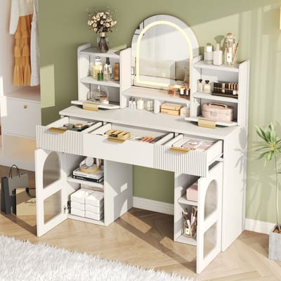 OKWISH Kaptafel – Led-Spiegel Met 3 Lichtstanden – 3 Laden En 2 Vitrinekasten – Wit MDF En Spaanplaat – 120x40x139,5 cm