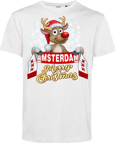 T-shirt Amsterdam | Foute Kersttrui Dames Heren | Kerstcadeau | Amsterdam supporter | Wit | maat XS