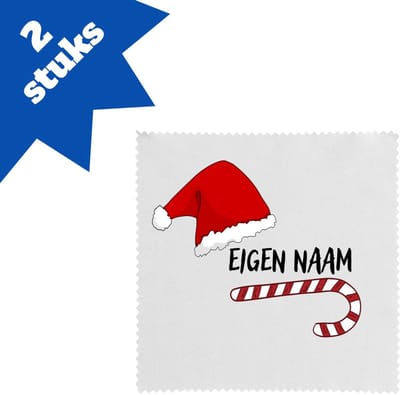Akyol - kerst zuurstok en kerstmuts met eigen naam brillendoekjes - Kerstmis - kerst beker - winter - kerst - christmas - kerst cadeau - 17,8 bij 17,8 cm - 2 stuks