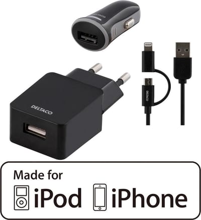 DELTACO USB-ACDC, USB-oplaadkabel, autolader, wand adapter en USB-synchronisatie- / MFi, zwart