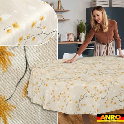 ANRO Tafelkleed Bloemen en vogels Beige Ovaal 200x140cm Rechte rand Afwasbaar Waterafstotend