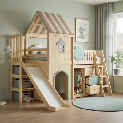 Gutent-Hoogslaper met glijbaan-Hoogslaper kind-90x200 cm-Met drietraps trap-Met opbergvakken en kledingkast-Natuur+Groen
