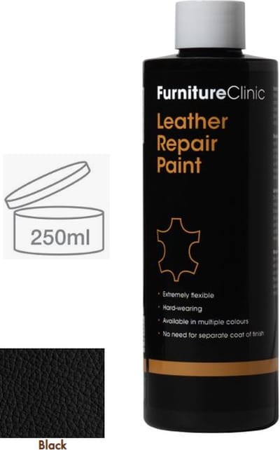 Leer reparatie Verf 2 in 1 Zwart 250ml | Furniture Clinic | Leather Repair Paint 2 in 1 Black 250ml | Verf en Top Coat in 1 | Geschikt voor leren banken, leren autostoelen, schoenen, handtassen en meer | Leder Verf | Paint and Top Coat in 1 |