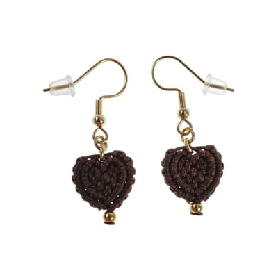 Donkerbruine Micro-Macramé Hart Oorbellen, Haakoorbellen, Lange Oorbellen, Verguld RVS, Dames - Handgemaakt door esde2