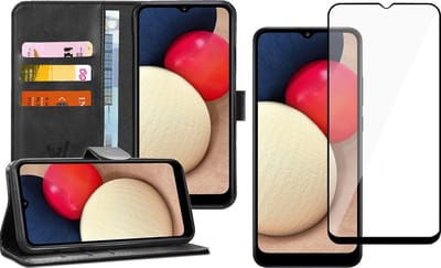 Hoesje geschikt voor Samsung Galaxy A02s - Screen Protector FullGuard - Book Case Kunstleer Pasjeshouder Zwart & Screenprotector