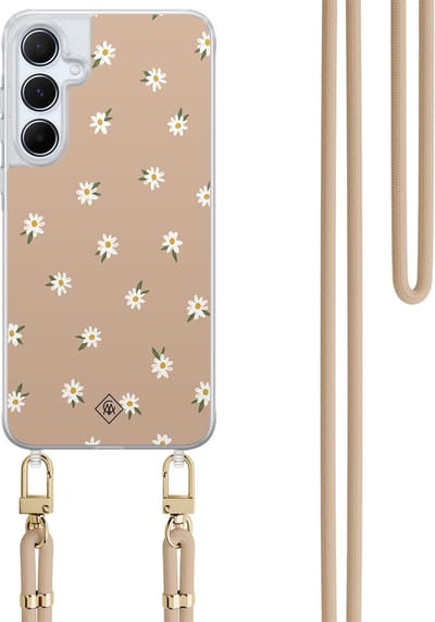 Casimoda® hoesje met koord - Geschikt voor Samsung A35 - Sweet Daisies - Afneembaar koord - TPU/polycarbonaat - Bruin/beige