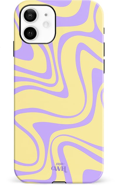 xoxo Wildhearts Sunny Side Up - Double Layer - Hard hoesje geschikt voor iPhone 12 case - Siliconen hoesje iPhone met golven print - Cover geschikt voor iPhone 12 beschermhoesje - geel / paars