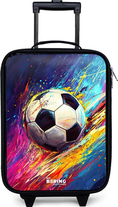 NoBoringSuitcases.com® - Kinderkoffer jongen - Kindertrolley meisje - Neon - Voetbal - Kleurrijk - Koffer kind lichtgewicht - Reiskoffer trolley voor kinderen - Koffertje met lichtgevende wieltjes - Rolkoffer zwart