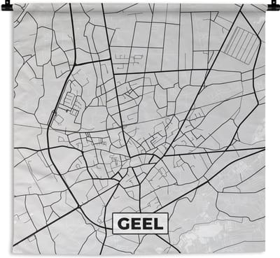 Wandkleed - Wanddoek - Zwart Wit – België – Plattegrond – Stadskaart – Kaart – Geel - 150x150 cm - Wandtapijt