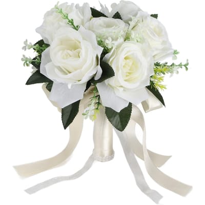 Bouquet de Mariage Artificiel Fleur en Soie Simulation Bouquet de Roses pour Mariée Fleurs à Tenir Blanc Lait white