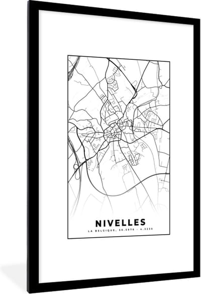 Fotolijst incl. Poster Zwart Wit- België – Nivelles – Stadskaart – Kaart – Zwart Wit – Plattegrond - 80x120 cm - Posterlijst