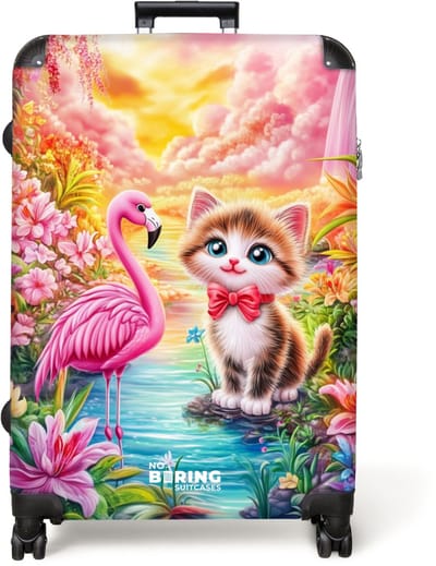NoBoringSuitcases.com® - Koffer groot - Reiskoffer lichtgewicht - Kitten met flamingo in tropisch bloemenparadijs - Rolkoffer met 4 wielen - Grote trolley XL - 98 liter bagage