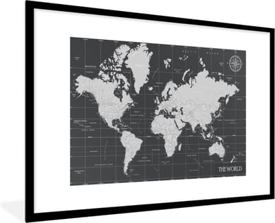 Poster in lijst - Fotolijst 120x80 cm - Posters - Wereldkaart - Zwart - Wit - Wereld - Posterlijst zwart - Decoratie - Wanddecoratie woonkamer - Muurdecoratie slaapkamer