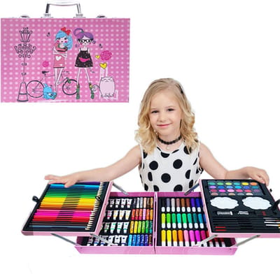 Tekenset-Art Tekendoos-200-Delige Tekenpakketten/ SchildersetTekenkoffer Set -Kleurkoffer voor kinderen-knutselpakketten-schilderskoffer -ROZE Meisje-Aquarel-Verf,Krijt,Stiften,Waskrijt,Oliepastels,Kleurpotloden en Toebeho