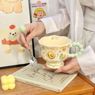 Tasse en Céramique Fruit d'Été Venteuse Tasse pour Filles Hautaines Tasse à Eau pour Couple Tasse à Petit Déjeuner pour la Maison et les Enfants 301-400ml beige