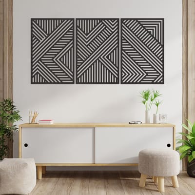 Geometrische Wanddecoratie - Geometrische Panelen Lijnen Vormen 3 Delen - Geometrische NAAM - Muurdecoratie Hout - Wanddecoratie Hout - Muurdecoratie Woonkamer - Wanddecoratie Woonkamer - Wanddecoratie 3 Luik - 179 x 89 cm