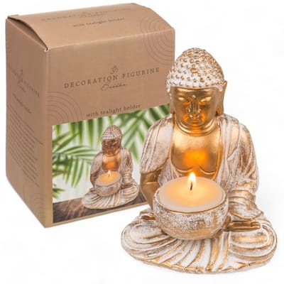 Dailygoods- Boeddha Beeld Goud/Wit - Vintage Look - Polyhars - 14-34 cm Hoog - Met Theelichthouder - Spirituele Rust - Decoratiefiguur