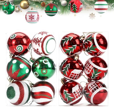 Kerstboomdecoraties set van 12, groene en rode kerstballen van 6 cm, versieringen voor feestdagen, bruiloften en verjaardagen