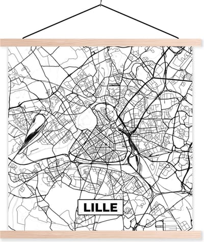 Posterhanger incl. Poster 40x40 cm - Schoolplaat - Lille - Stadskaart - Frankrijk - Kaart - Plattegrond - Zwart wit - Textielposter - Blanke latten - Stadskaart